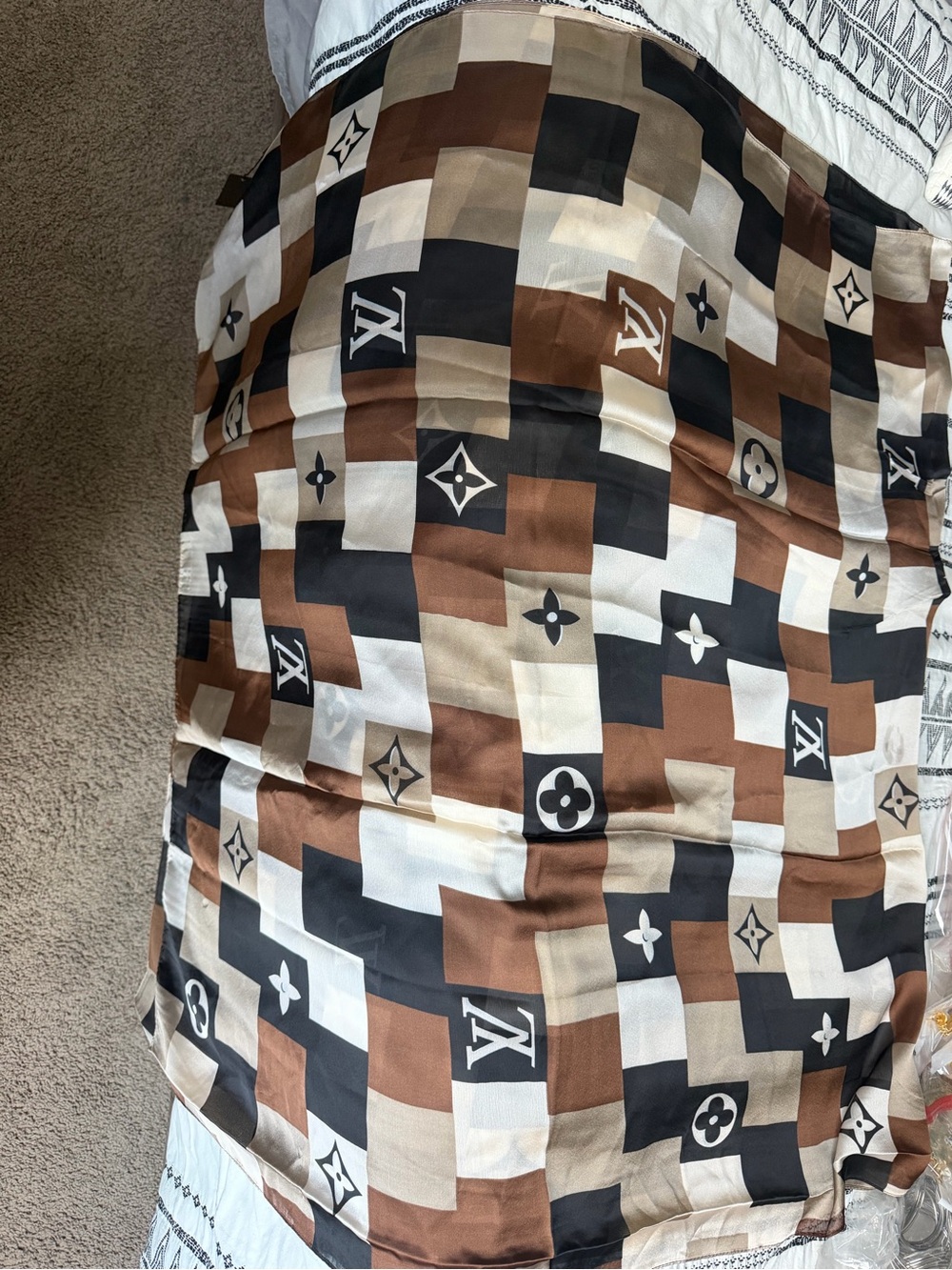 Brown & Black Geometric Monogram Silk Scarf - Picture 2 of 4